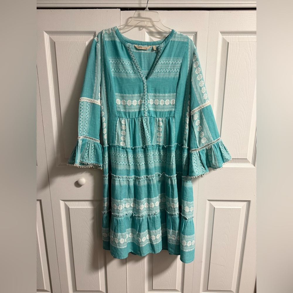 Soft Surroundings Francisco Midi Dress Sz M Mosaic Boho Embroidered Peasant